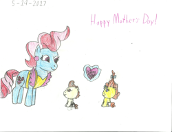 Size: 2208x1696 | Tagged: safe, artist:worldofcaitlyn, imported from derpibooru, cup cake, pound cake, pumpkin cake, pony, cake twins, card, mother's day, siblings, traditional art, twins