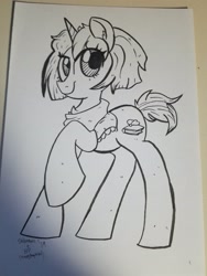 Size: 4032x3024 | Tagged: safe, artist:shibaroll, imported from derpibooru, oc, oc only, oc:flitter flutter, pony, unicorn, carrot, food, photo, solo, traditional art