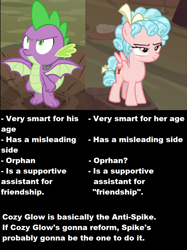 Size: 928x1240 | Tagged: safe, edit, imported from derpibooru, screencap, cozy glow, spike, dragon, pegasus, pony, frenemies (episode), molt down, comparison, meme, mind blown, similarities, text, text edit, theory