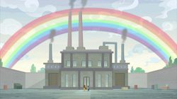 Size: 2400x1348 | Tagged: safe, imported from derpibooru, screencap, cheese sandwich, sans smirk, earth pony, pony, the last laugh, building, factory, gag factory, male, rainbow, smoke, smokestacks, stallion, walls