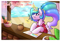 Size: 3543x2362 | Tagged: safe, artist:shyshyoctavia, imported from derpibooru, princess celestia, pony, between dark and dawn, banana, bar, beach, blushing, boat, clothes, coconut, cute, cutelestia, female, food, glowing horn, hawaiian shirt, herbivore, horn, magic, martini glass, ocean, pineapple, ponytail, postcard, shirt, signature, solo, telekinesis