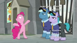 Size: 1920x1080 | Tagged: safe, imported from derpibooru, screencap, brick house, cheese sandwich, pinkie pie, tough break, pony, the last laugh, bipedal, gate, grumpy, security guard