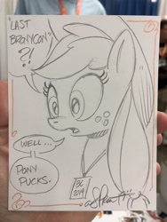 Size: 1536x2048 | Tagged: safe, artist:andypriceart, imported from derpibooru, applejack, earth pony, pony, bronycon, bronycon 2019, female, mare, monochrome, pencil drawing, solo, traditional art