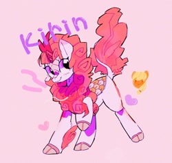 Size: 1024x968 | Tagged: dead source, safe, artist:poneko-chan, imported from derpibooru, applejack, autumn blaze, kirin, female, implied pinkie pie, quadrupedal, simple background, smiling, solo