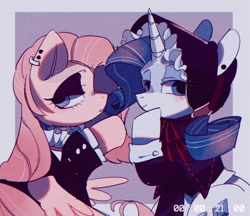 Size: 1024x886 | Tagged: dead source, safe, artist:poneko-chan, imported from derpibooru, fluttershy, rarity, pegasus, pony, unicorn, clothes, female, fluttergoth, goth, looking at you, mare, piercing