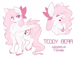 Size: 1280x998 | Tagged: safe, artist:teapup, artist:teapupppy, imported from derpibooru, oc, oc only, oc:teddy bear, pegasus, pony, bow, cute, female, mare, pink, reference sheet, solo, tongue out, unshorn fetlocks