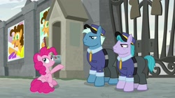 Size: 1920x1080 | Tagged: safe, imported from derpibooru, screencap, brick house, cheese sandwich, pinkie pie, tough break, pony, the last laugh, poster, security guard