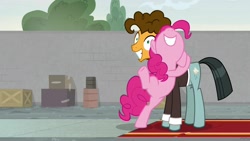 Size: 1920x1080 | Tagged: safe, imported from derpibooru, screencap, cheese sandwich, pinkie pie, sans smirk, pony, the last laugh, carpet, cute, diapinkes, hug, mask, red carpet, smiling, standing, standing on one leg
