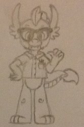 Size: 390x587 | Tagged: safe, imported from derpibooru, smolder, dragon, angry video game nerd, clothes, coat, dragoness, drawing, drawn on paper, female, glasses, happy, outfit, pen, pencil drawing, pocket, traditional art