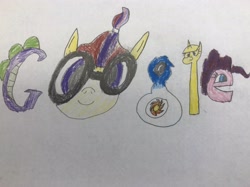 Size: 3836x2874 | Tagged: safe, artist:undeadponysoldier, imported from derpibooru, moondancer, pinkie pie, princess celestia, princess luna, spike, pony, unicorn, female, google, mare, scepter, silly, traditional art, twilight scepter