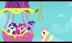 Size: 800x480 | Tagged: safe, imported from derpibooru, screencap, fluttershy, pinkie pie, rarity, twilight sparkle, earth pony, pegasus, pony, unicorn, the return of harmony, back side of the portal to equestria, hot air balloon, noose, portal to equestria, twinkling balloon, unicorn twilight
