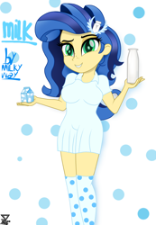 Size: 2000x2888 | Tagged: safe, artist:theretroart88, imported from derpibooru, oc, oc only, oc:milky way, equestria girls, breasts, clothes, equestria girls-ified, female, milk, shirt, smiling, solo