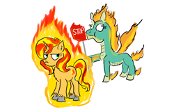 Size: 1400x900 | Tagged: safe, artist:horsesplease, edit, imported from derpibooru, sunset shimmer, tianhuo, them's fightin' herds, fiery shimmer, fire, mane of fire, road sign, stop sign, sunset is not amused, sunset shimmer is not amused, tianhuo (tfh), tianhuo and a road sign, unamused, walking campfire