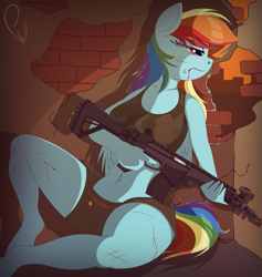 Size: 1421x1500 | Tagged: safe, artist:phyll, imported from derpibooru, rainbow dash, anthro, pegasus, assault rifle, belly button, blood, clothes, gun, imbel ia2, rifle, signature, weapon