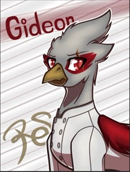 Size: 600x799 | Tagged: safe, artist:dreamseam, deleted from derpibooru, imported from derpibooru, oc, oc only, oc:gideon, griffon, clothes, kitchen clothes, male, scar