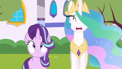 Size: 1280x720 | Tagged: safe, artist:forgalorga, imported from derpibooru, princess celestia, starlight glimmer, alicorn, pony, :<, alicornified, canterlot, emotionless, princess starlight glimmer, race swap, shocked expression, starlicorn, xk-class end-of-the-world scenario