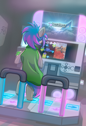 Size: 3200x4700 | Tagged: safe, artist:dreamseam, deleted from derpibooru, imported from derpibooru, oc, oc only, oc:glitchy, earth pony, arcade, cape, clothes, dance dance revolution, female, standing