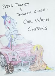 Size: 762x1048 | Tagged: safe, artist:pabrony83, imported from derpibooru, oc, oc:pizza frenzy, oc:thunder clash, earth pony, pegasus, pony, annoyed, best friends, bucket, car wash, duo, duo male, flying, laughing, male, mazda, mazda rx8, offspring, parent:cheese sandwich, parent:pinkie pie, parent:rainbow dash, parent:soarin', parents:cheesepie, parents:soarindash, prank, sitting, stallion, text, traditional art, wet