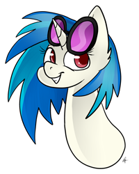 Size: 2000x2500 | Tagged: safe, artist:katyusha, imported from derpibooru, dj pon-3, vinyl scratch, pony, unicorn, bust, female, glasses, glasses off, grin, horn, mare, portrait, simple background, smiling, solo, sunglasses, white background, wrong eye color