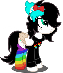 Size: 834x959 | Tagged: safe, artist:buckeyescozycafe, artist:fletcherthehuntress, imported from derpibooru, oc, oc only, oc:rainbow droplet, pegasus, pony, bow, clothes, ear piercing, earring, female, freckles, hair bow, jewelry, mare, piercing, rainbow socks, simple background, socks, solo, striped socks, sweater, transparent background