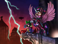 Size: 1600x1211 | Tagged: safe, artist:harwick, imported from derpibooru, humdrum, masked matter-horn, spike, twilight sparkle, alicorn, dragon, pony, power ponies (episode), airship, city, clothes, cute, description at source, duo, female, lightning, male, maretropolis, power ponies, rearing, skyscraper, spikabetes, spread wings, twilight sparkle (alicorn), wings