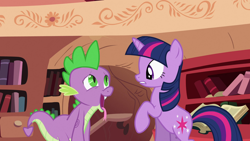 Size: 1920x1080 | Tagged: safe, imported from derpibooru, screencap, spike, twilight sparkle, dragon, pony, unicorn, secret of my excess, ahegao, duo, female, golden oaks library, male, mare, open mouth, raised hoof, tongue out, unicorn twilight