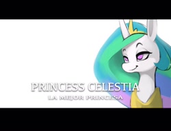 Size: 1024x782 | Tagged: safe, artist:stardep, imported from derpibooru, princess celestia, alicorn, pony, best princess, bust, female, grin, smiling, solo, spanish, text