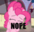 Size: 572x540 | Tagged: safe, edit, edited screencap, imported from derpibooru, screencap, pinkie pie, earth pony, pony, mmmystery on the friendship express, animated, caption, eyes closed, female, gif, image macro, nope, solo, text
