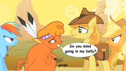 Size: 1280x720 | Tagged: safe, artist:voreediter, edit, edited screencap, imported from derpibooru, screencap, applejack, braeburn, little strongheart, rainbow dash, buffalo, pony, over a barrel, belly, big belly, braeheart, dialogue, female, fetish, gentle pred, male, shipping, stomach noise, straight, vore