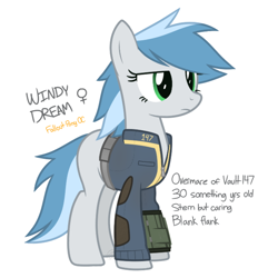 Size: 750x750 | Tagged: safe, artist:modocrisma, imported from derpibooru, oc, oc only, oc:windy dream, earth pony, pony, fallout equestria, fanfic:vault 147, alternate universe, au:v147, blank flank, clothes, fallout, fanfic, fanfic art, female, hooves, jumpsuit, mare, pipboy, pipbuck, reference sheet, show accurate, simple background, solo, vault suit, watermark, white background