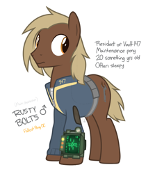 Size: 670x750 | Tagged: safe, artist:modocrisma, imported from derpibooru, oc, oc only, oc:rusty bolts, earth pony, pony, fallout equestria, fanfic:vault 147, alternate universe, au:v147, clothes, fallout, fanfic, fanfic art, hooves, jumpsuit, male, pipboy, pipbuck, reference sheet, show accurate, simple background, solo, stallion, vault suit, watermark, white background