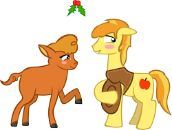 Size: 4867x3686 | Tagged: safe, artist:spokenmind93, imported from derpibooru, braeburn, little strongheart, buffalo, earth pony, pony, blushing, braeheart, christmas, clothes, female, holiday, holly, holly mistaken for mistletoe, male, old art, old art is old, shipping, stallion, straight