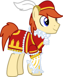 Size: 2505x3034 | Tagged: safe, artist:feathertrap, deleted from derpibooru, imported from derpibooru, oc, oc only, oc:lace cuff, earth pony, pony, 1000 hours in gimp, cap, clothes, feather, hat, male, ruff (clothing), ruffles, simple background, smiling, solo, stallion, transparent background, vector