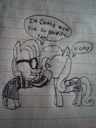 Size: 720x960 | Tagged: safe, artist:logan jones, imported from derpibooru, fluttershy, photo finish, pony, green isn't your color, drawing, female, lined paper, parody, pen drawing, photo, small eyes, stylistic suck, traditional art
