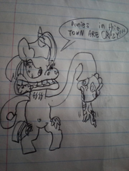Size: 720x960 | Tagged: safe, artist:logan jones, imported from derpibooru, spike, twilight sparkle, unicorn, friendship is magic, angry, bipedal, bloodshot eyes, crazy face, drawing, faic, foaming at the mouth, hoof hold, lined paper, pen drawing, photo, ren and stimpy, style emulation, stylistic suck, traditional art, twilight snapple, unicorn twilight, vein bulge