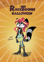 Size: 1642x2326 | Tagged: safe, artist:martonszucsstudio, imported from derpibooru, sunset shimmer, oc, oc:judie racctoon, anthro, raccoon, equestria girls, anthro oc, clothes, cosplay, costume, female, furry, furry oc, gradient background, halloween, halloween costume, looking up, smiling, solo