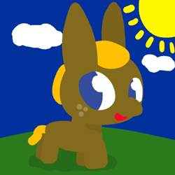 Size: 1000x1000 | Tagged: safe, artist:artdbait, imported from derpibooru, oc, oc only, oc:lil-k, pony, big eyes, cartoony, cloud, freckles, smiling, solo, sun