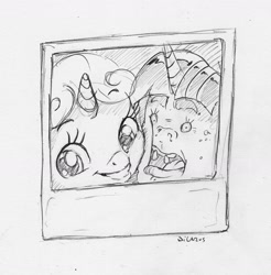 Size: 1607x1633 | Tagged: safe, artist:dilarus, deleted from derpibooru, imported from derpibooru, sweetie belle, twilight sparkle, pony, unicorn, comic:sweetie belle—master of twilights, comic:the many faces of twilight sparkle, female, filly, mare, monochrome, not salmon, open mouth, photo, polaroid, simple background, smiling, traditional art, wat, white background