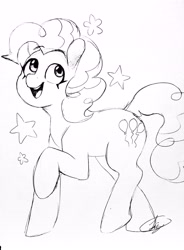 Size: 2988x4050 | Tagged: safe, artist:liziedoodle, imported from derpibooru, pinkie pie, earth pony, pony, female, monochrome, open mouth, smiling, solo, stars