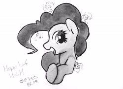 Size: 4034x2940 | Tagged: safe, artist:masserey, imported from derpibooru, pinkie pie, earth pony, pony, clone, clones, dialogue, female, mare, micro, monochrome, open mouth, smiling