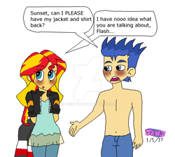 Size: 1024x917 | Tagged: safe, artist:resotii, artist:stella-exquisa, imported from derpibooru, flash sentry, sunset shimmer, equestria girls, accessory theft, belly button, clothes, female, flashimmer, jeans, male, pants, partial nudity, shipping, straight, topless