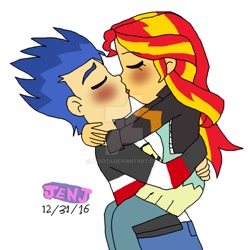 Size: 890x898 | Tagged: safe, artist:resotii, artist:stella-exquisa, imported from derpibooru, flash sentry, sunset shimmer, equestria girls, clothes, female, flashimmer, jacket, kissing, leather jacket, male, shipping, straight