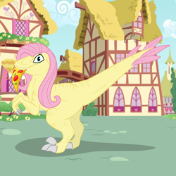 Size: 2000x2000 | Tagged: safe, artist:pizzamovies, imported from derpibooru, fluttershy, oc, oc:raptorshy, dinosaur, velociraptor, dinosaurified, female, food, meat, pepperoni, pepperoni pizza, pizza, smiling, solo, species swap, veloshyraptor