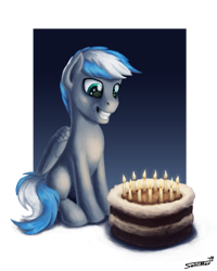 Size: 1199x1500 | Tagged: safe, artist:sa1ntmax, imported from derpibooru, oc, oc only, oc:cloud zapper, pegasus, pony, birthday cake, cake, candle, commission, food, happy, happy birthday, male, simple background, smiley face, smiling, solo, transparent background