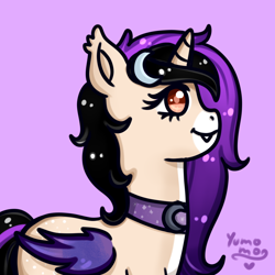Size: 1400x1400 | Tagged: safe, artist:yumomochan, imported from derpibooru, oc, bat pony, pony, unicorn, artfight, colored sketch, female, halfbody, mare, original character do not steal, simple background, sketch, violet background