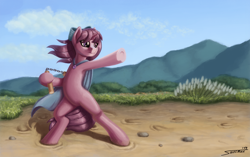 Size: 2000x1254 | Tagged: safe, artist:sa1ntmax, imported from derpibooru, oc, oc only, oc:amethyst heartstone, pony, unicorn, armpits, bipedal, commission, digital art, female, fighter, fighting stance, mountain, nunchucks