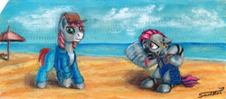 Size: 1600x706 | Tagged: safe, artist:sa1ntmax, imported from derpibooru, oc, oc only, oc:khaki-cap, oc:zjin, oc:zjin-wolfwalker, earth pony, pony, zebra, beach, clothes, cloud, commission, ear piercing, earring, female, heat, jewelry, male, ocean, open mouth, overheated, piercing, punch card, quadrupedal, sand, stallion, sweat, tongue out, wet mane