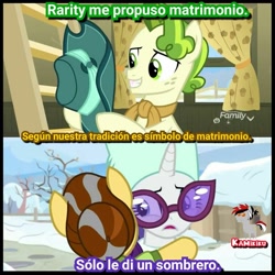 Size: 960x960 | Tagged: safe, edit, edited screencap, imported from derpibooru, screencap, butternut, pistachio, rarity, pony, best gift ever, female, hug, male, raristachio, shipping, spanish, straight, translated in the description, translation in description, winter outfit