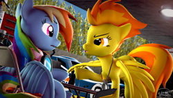 Size: 3840x2160 | Tagged: safe, artist:whiteskyline, imported from derpibooru, rainbow dash, spitfire, pegasus, pony, 3d, binoculars, car, chronometer, fire extinguisher, ford gt, ford gt le mans, ford gt40, goggles, looking at each other, motorsport, racecar, radio, signature, source filmmaker, table, tires, toolbox, wonderbolts