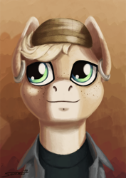Size: 1134x1600 | Tagged: safe, artist:sa1ntmax, imported from derpibooru, oc, oc only, earth pony, pony, bust, cap, clothes, commission, ear piercing, earring, freckles, hat, jewelry, looking at something, looking away, male, piercing, portrait, smiley face, smiling, solo